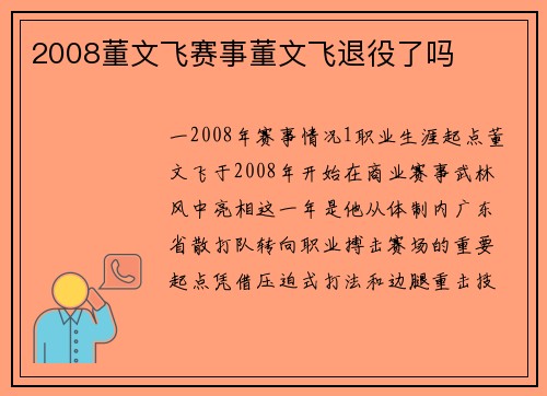 2008董文飞赛事董文飞退役了吗